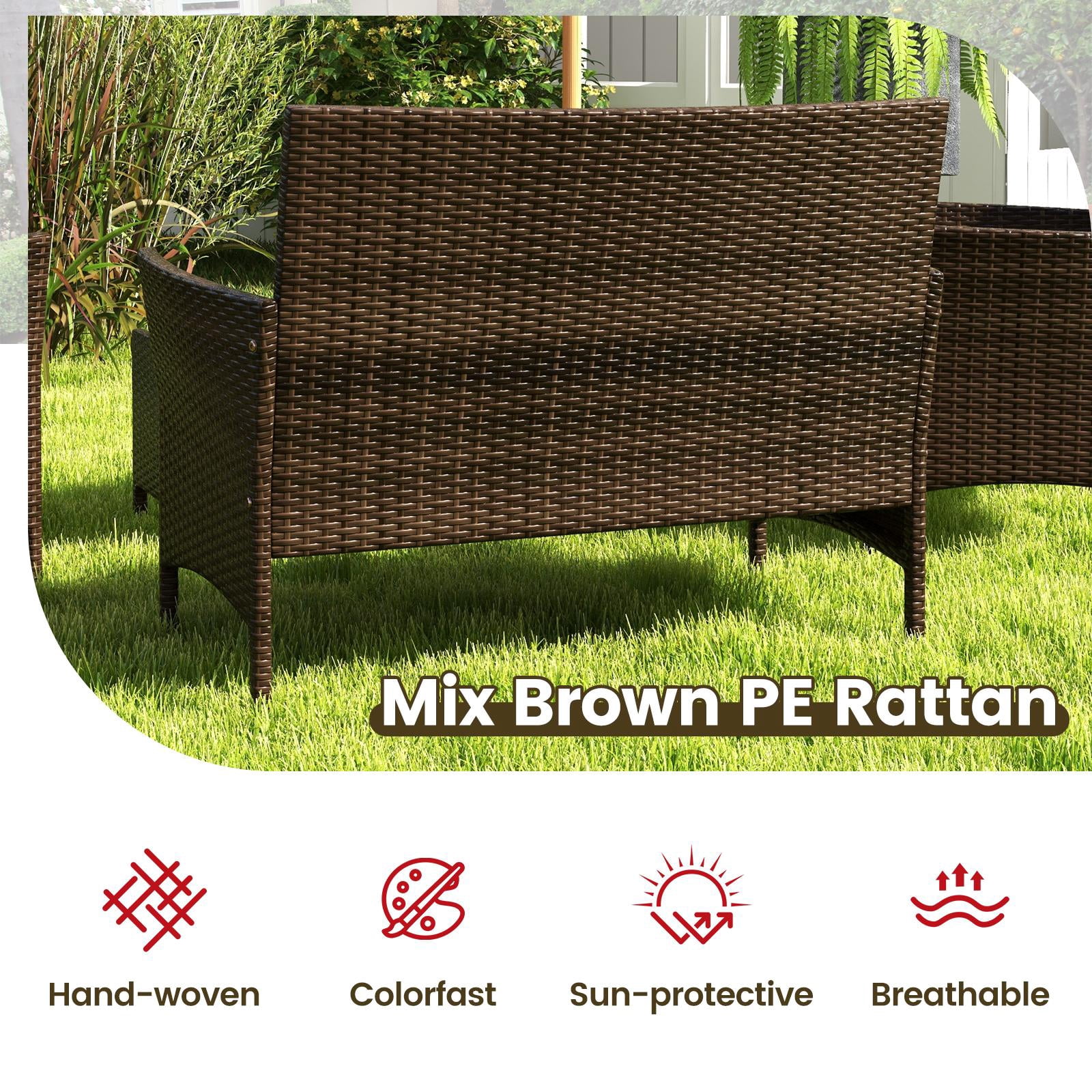 Costway 4PCS Rattan Patio Furniture Set Cushioned Sofa Chair Coffee Table Red