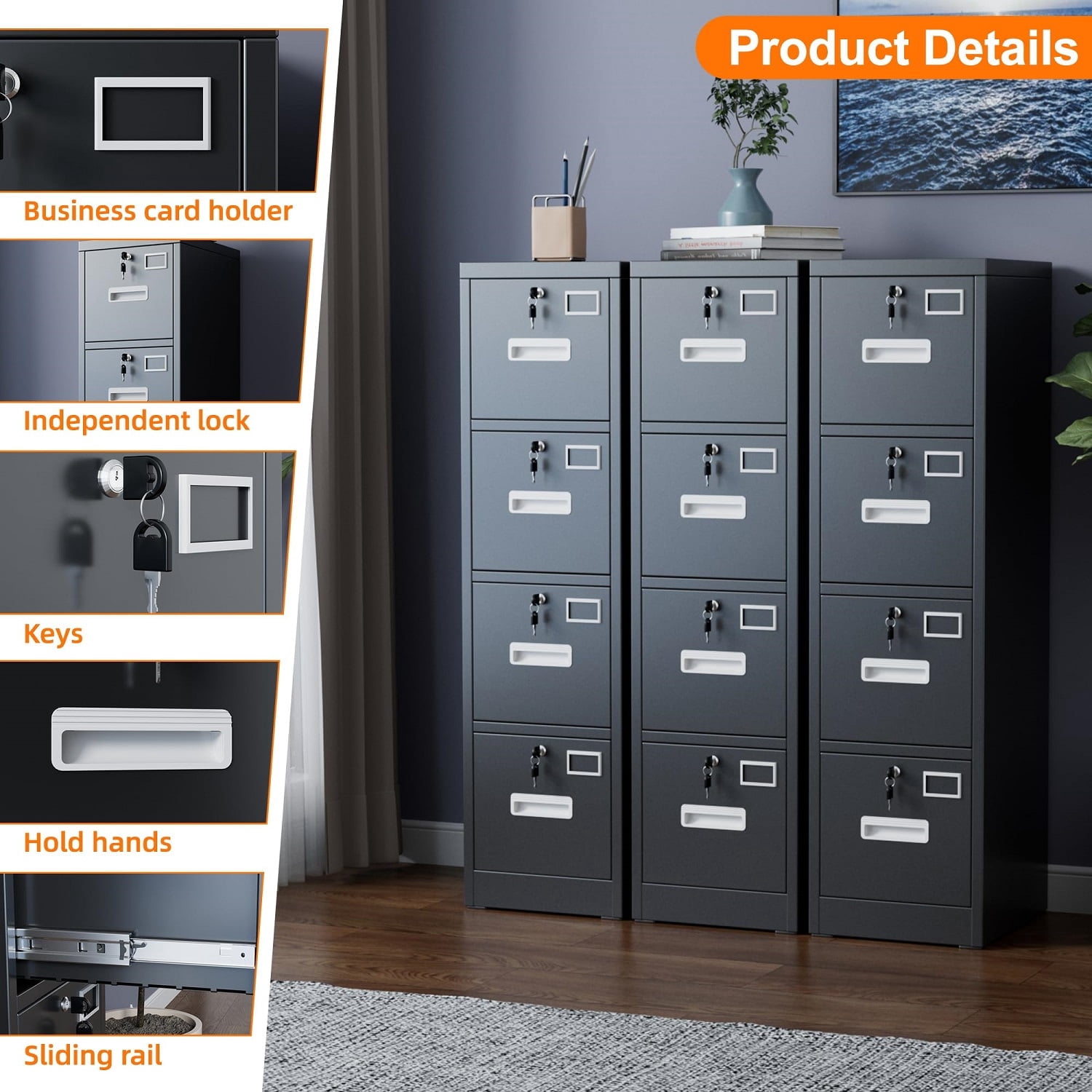 OCHAPA Metal Vertical File Cabinet with Lock,File Storage Cabinet with 4 Drawer for Letter,Legal,14.96" W x 17.72" D x 55.2" H, Assembly Required
