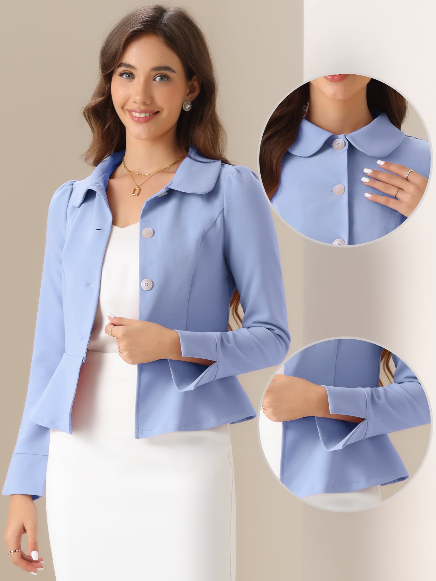 DARING DIVA Women's Peter Pan Collar Ruffles Office Blazers XL Light Blue