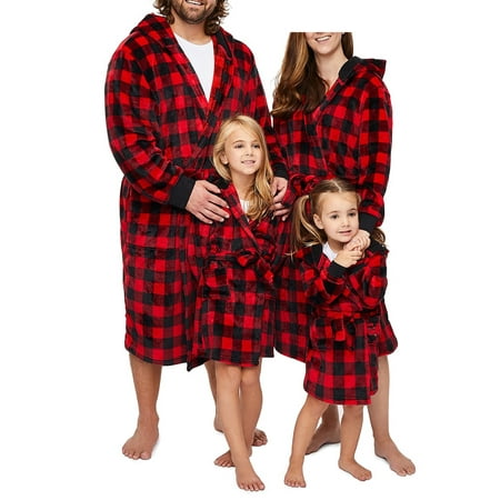 

Lazybaby Family Matching Women Men Kids Plaid Fleece Hooded Bathrobe Sleep Robe Pajamas