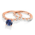 thumbnail image 3 of Gem Stone King 18K Rose Gold Plated Silver Blue Created Sapphire and White Topaz Wedding Engagement Ring Band Bridal Set for Women (2.96 Cttw, Gemstone September Birthstone, Round 7MM, Size 8), 3 of 4