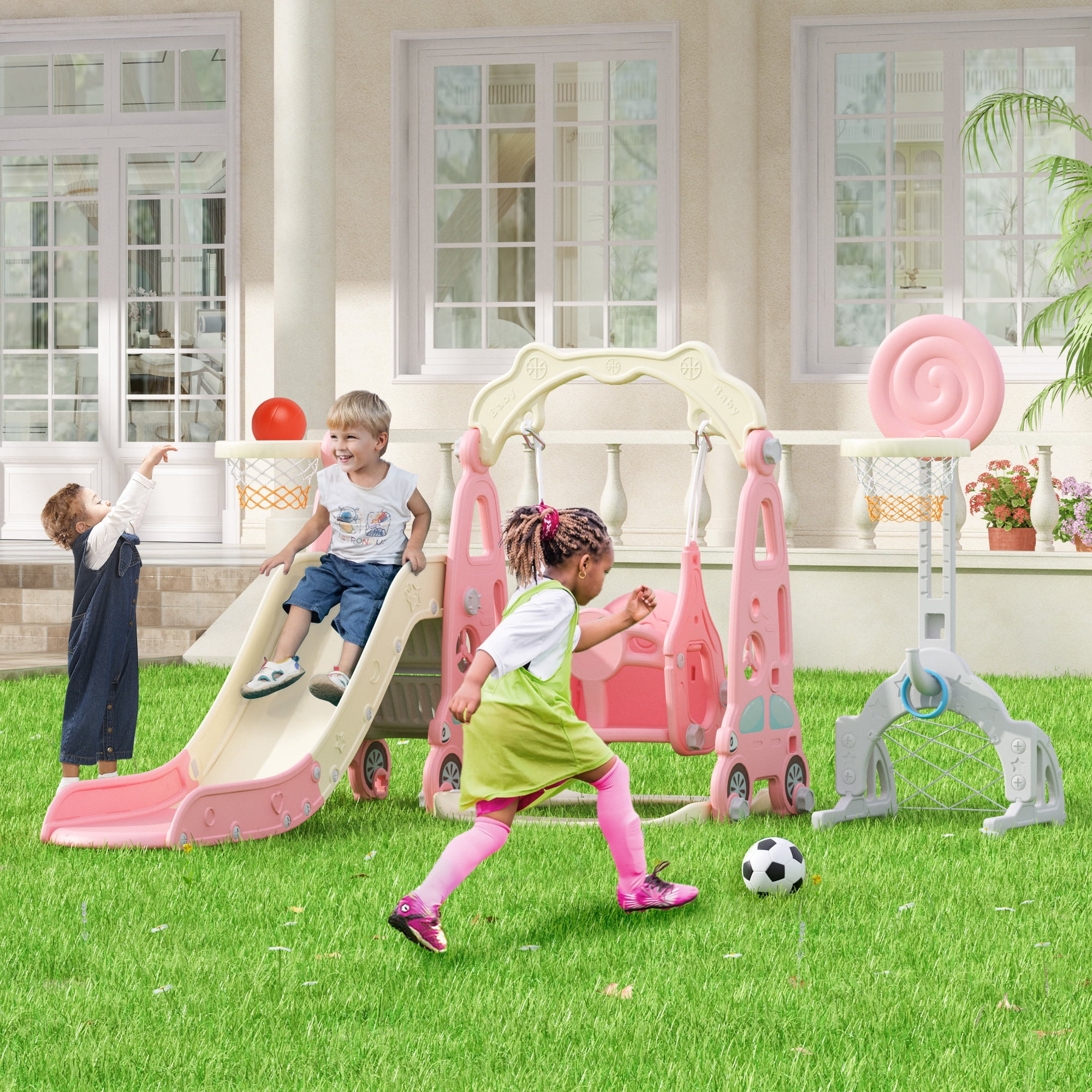 NYEEKOY 6 in 1 Toddler Slide and Swing Set, Indoor and Outdoor Kids Playset with Slide, Swing, Climber, Basketball Hoop and Ring Toss Game, Kids Slide and Swing Playground for Toddlers Age 1-8