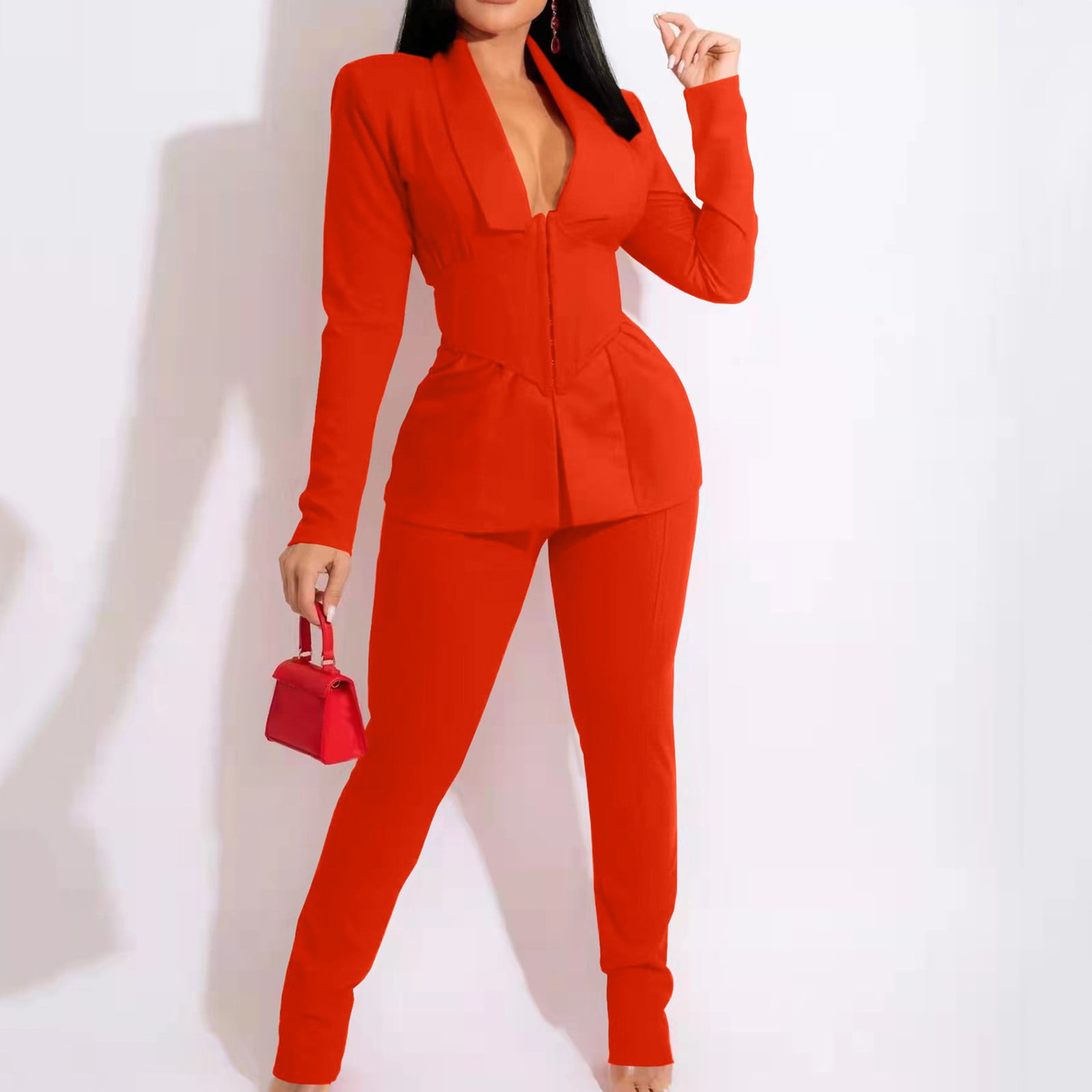 Dressy Pant Suits Womens Two Piece Lapels Suit Set Office Business Long  Sleeve Button Formal Jacket and Pants Suits