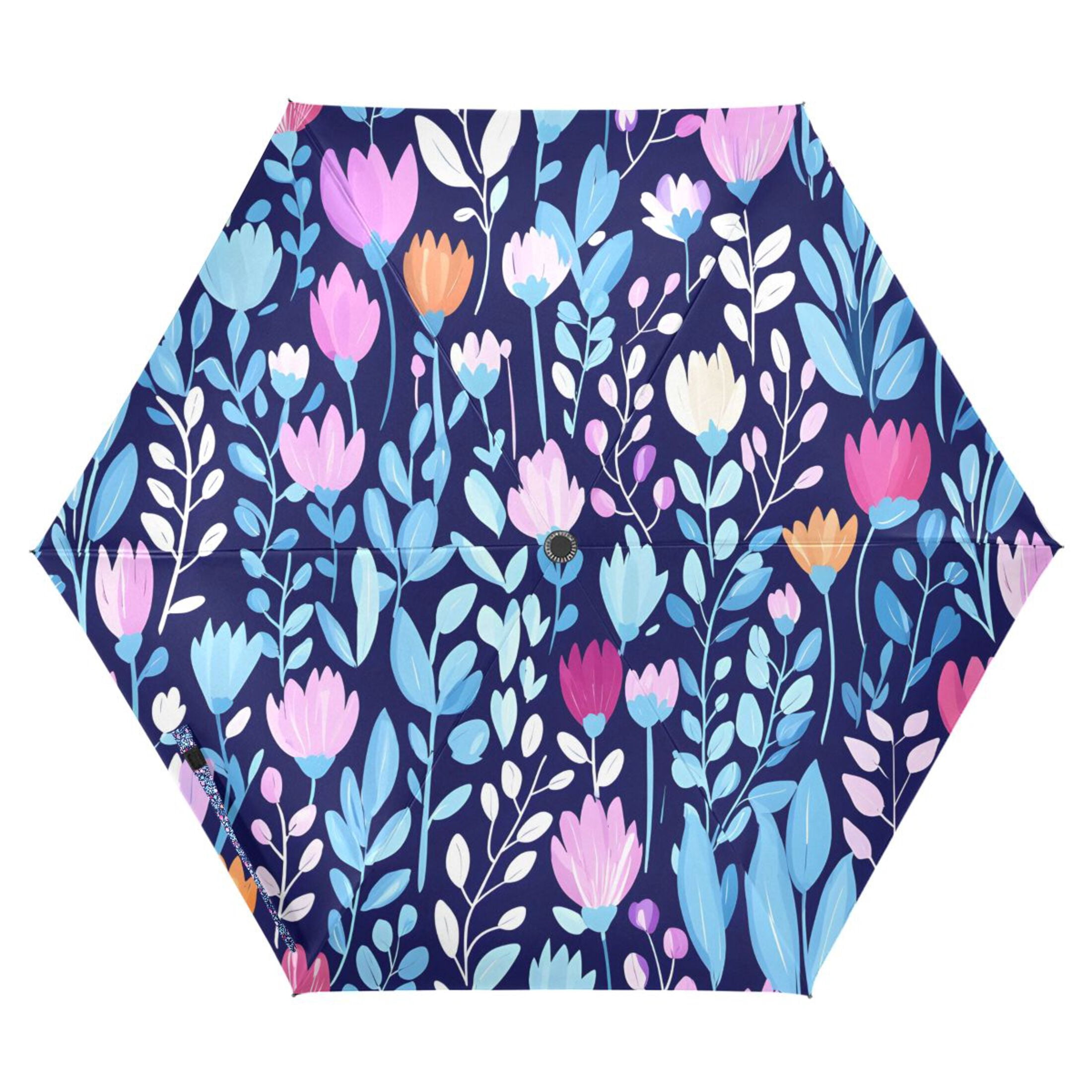 Pink Tulip with Blue Leaves Compact Sun Umbrella Windproof Travel Umbrellas for Rain Strong Portable UV Protection