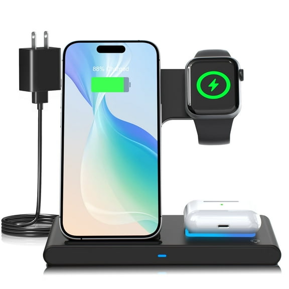 15W Fast Wireless Charger Station for iPhone 16 15 14 13 12 11 8 Pro Max SE XS XR X,3 in 1 Charging Stand for Apple Watch, for AirPods 4 3 2 Pro, Multi Device Charger(Black)