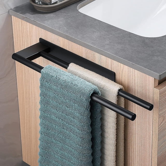 Toallero negro sin perforaciones Toallero doble de acero inoxidable Toallero autoadhesivo de dos brazos Toallero para invitados Montado en la pared para baño Cocina