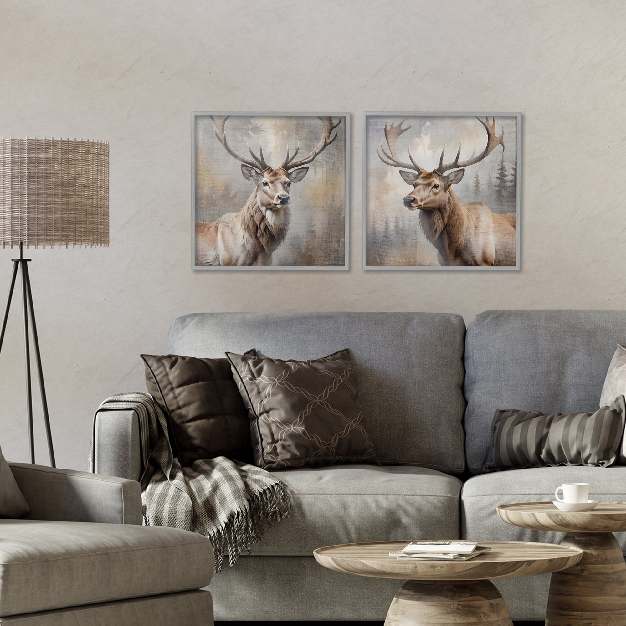 Stupell Industries Glancing Forest Stags 2 Piece Gray Framed Giclee Art Set, design by Susan Arnot