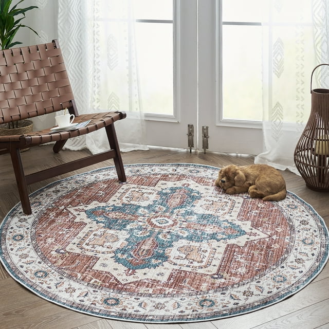 Rugking Tapis Rond 4Ft Zone Bohème Tapis Intérieur Persan Cercle Tapis Lavable Tapis Médaillon Floral Non Glissement Tapis pour Salon Salle à Manger Entrée Rouillé Rouge/bleu