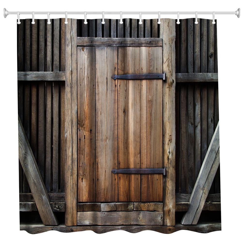 Country Rustic Vintage Style Curtains Fence Wooden Door Bathroom Shower
