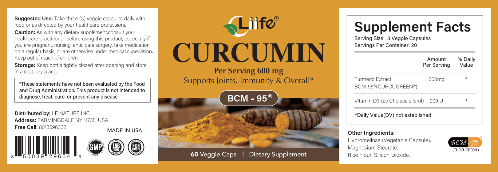 Turmeric Curcumin Supplement BCM-95® Curcuminoids- 600mg Organic Turmeric with Vitamin D3 Per Serving High Absorption-Non-GMO Tumeric Capsules for Joint Support, Bottled in USA - 60 Capsules