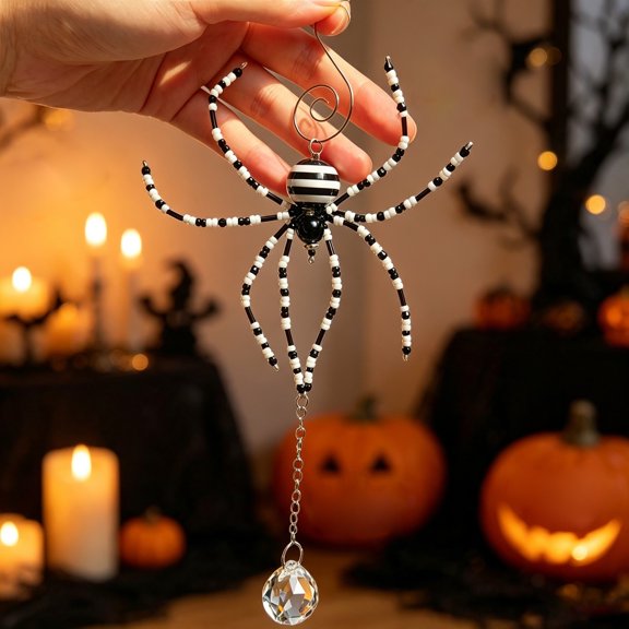 Clearance Under $4 Glowing Halloween Spider Hanging Ornament – Beaded Window Wall Decor with Shimmering Light Reflection, 1-Pack