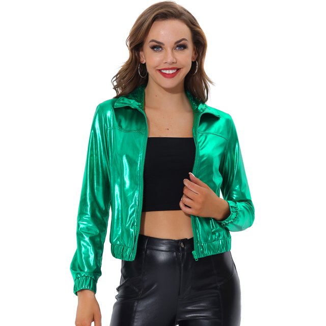 INSPIRE CHIC Women's Track Jacket Holographic Shiny Long Sleeve Metallic Jacket Zip Front Large Green