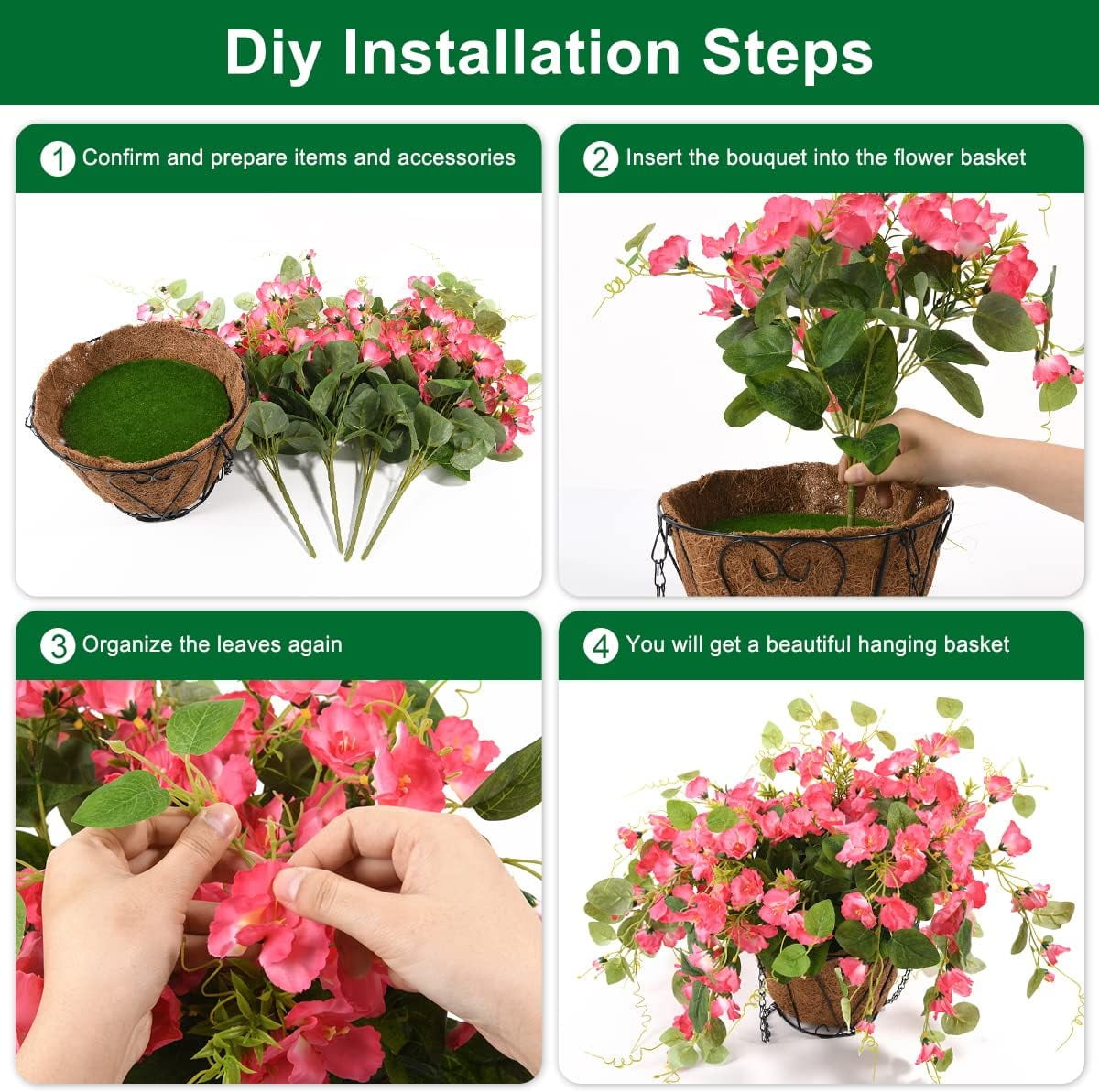 Artificial Hanging Flowers Basket,Fake Hanging Plant,4 Packs Faux Flower Daisies Coconut Lining Hanging Baskets for Patio Garden Porch Deck Decoration(Red)
