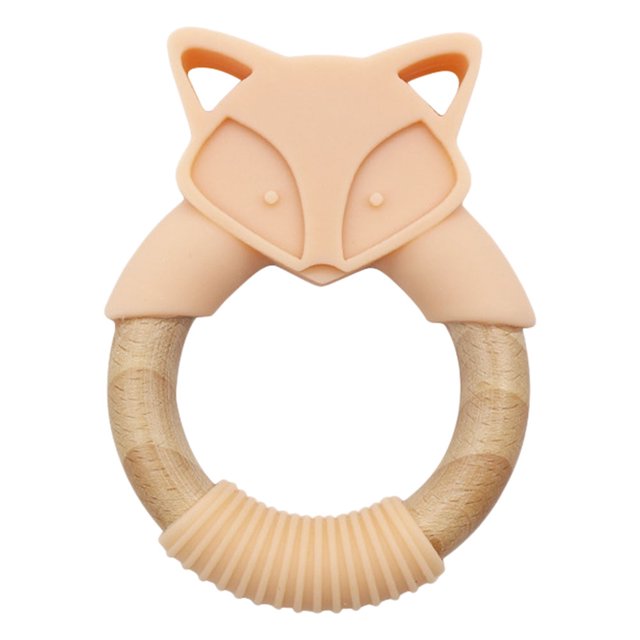 Mordedor de silicona para bebés, juguetes de animales de zorro, juguetes de anillos de madera (rosa melocotón) Likrtyny juguetes de los niños