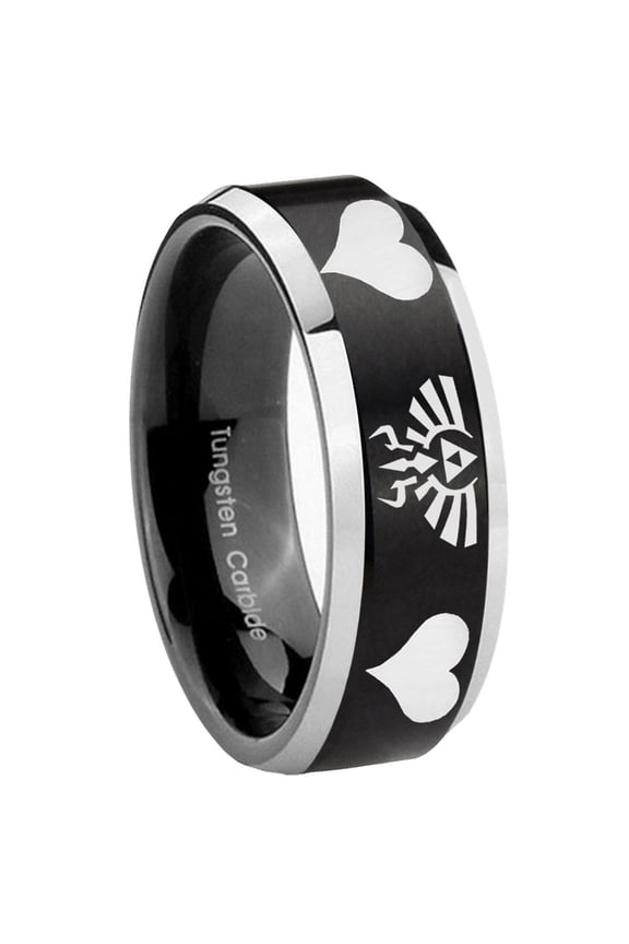 Zelda Heart Triforce Beveled Brush Black 2 Tone Tungsten Ring 10MM