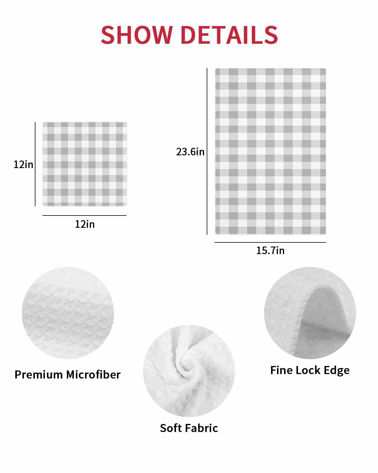 Grey Plaid Kitchen Dish Towels for Drying Dishes Set of 2, Gradient Geometric Buffalo White Checkered Waffle Weave Microfiber Hand Tea Bathroom Towels Quick Dry & Absorbent Towel 15.7x23.6
