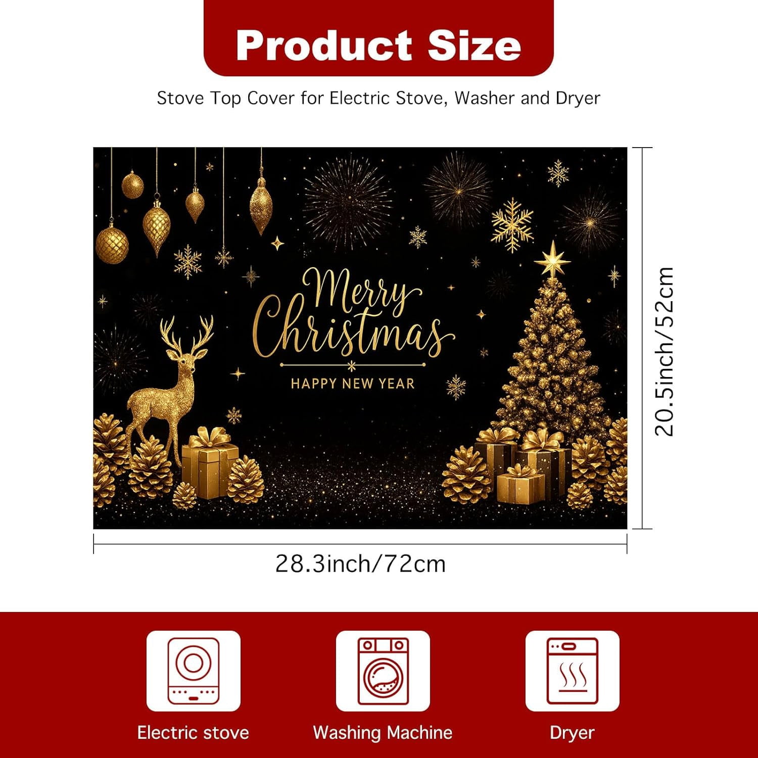 Christmas Stove Top Cover 28x20 Inch Glass Top Protector Silicone Cooktop Mat Heat Resistant Stovetop Cover Golden Deer Tree Holiday Kitchen Decoration