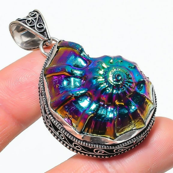 Ammolite Fossil Gemstone Pendant Handmade Beautiful Vintage Jewelry 2.3" VP 3010