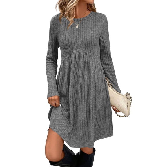BLTIBY Long Sleeve Sweater Dress Fall Dresses Round Neck Empire Waist Baby Doll Casual Dresses Fashion Comfort Gray XXL