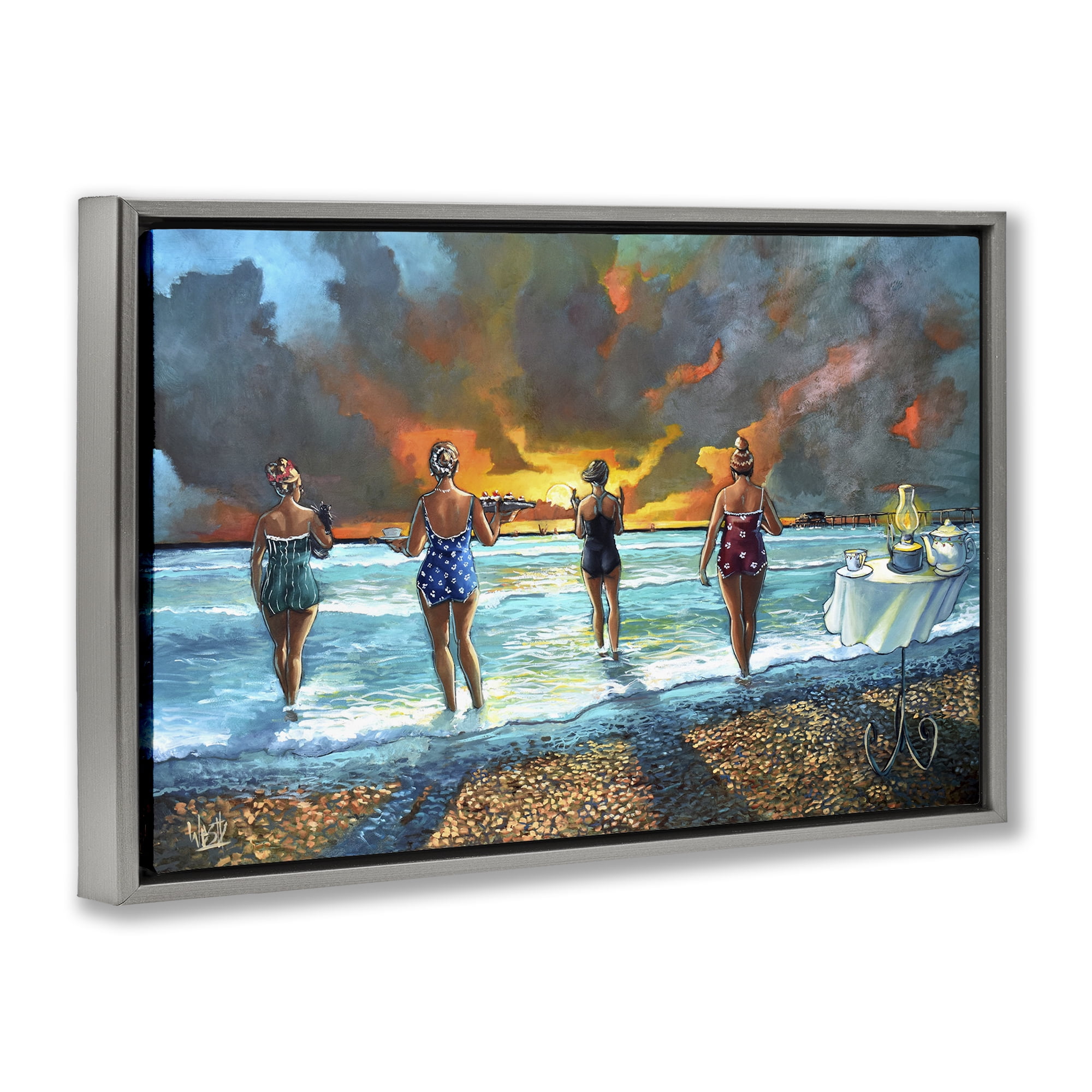 Stupell Industries Elegant Ladies on Beach Novelty Painting Gray Floater Framed Canvas Art Print Wall Art, 25 x 17