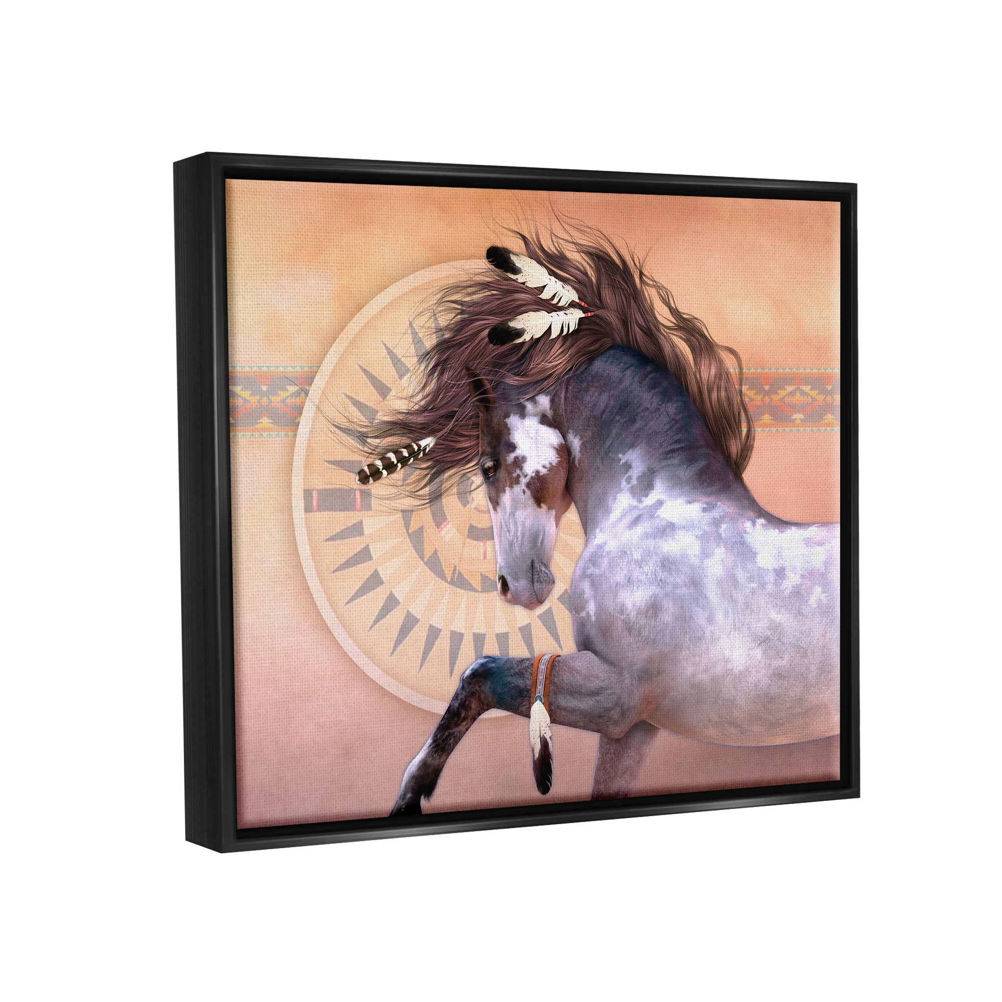 Stupell Industries Native Spirit Stallion Animals & Insects Painting Black Floater Framed Canvas Art Print Wall Art, 21 x 17