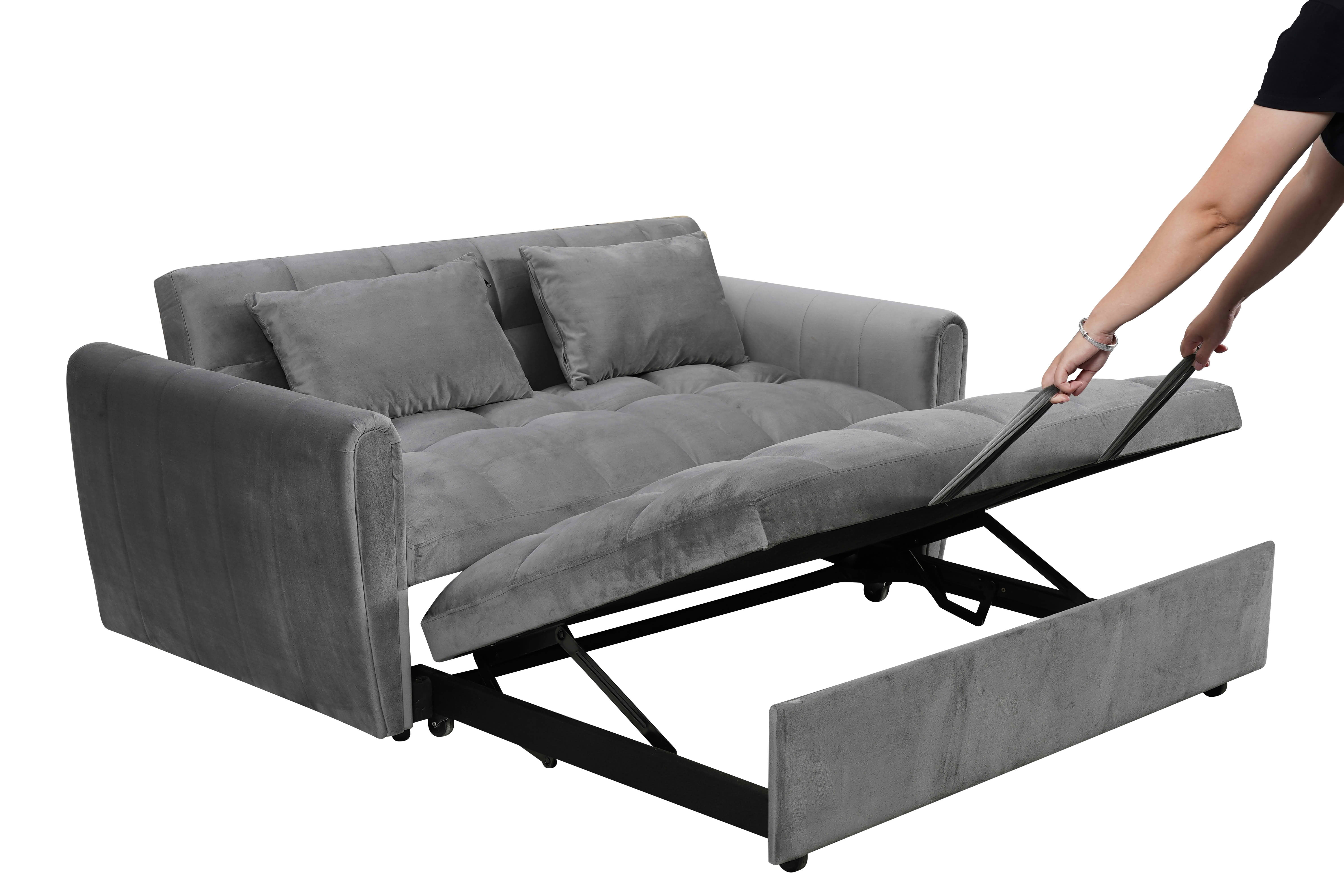 MAYEERTY Dark Gray Velvet 65" 3-in-1 Foldable Double Sofa Bed, Adjustable Back Convertible Futon Couch with Pillows