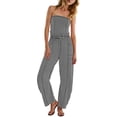thumbnail image 6 of Womens Casual Strapless Jumpsuits off Shoulder Long Wide Leg Pants Drawstring One Piece Jumpsuit with Pockets Gray, 6 of 9