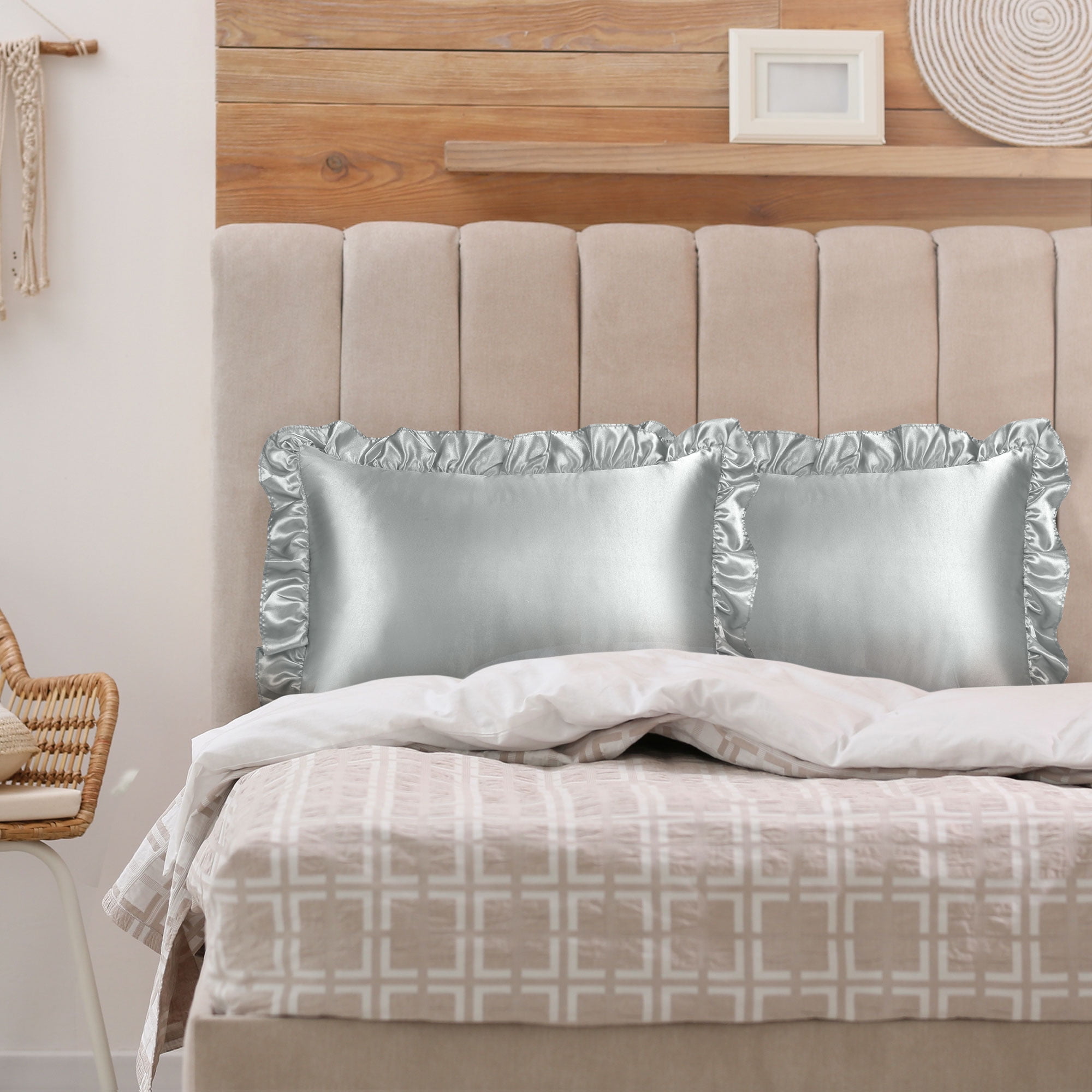 Unique Bargains Satin Ruffle Envelope Closure Pillowcases Set of 2 Silver Grey 20"x26"
