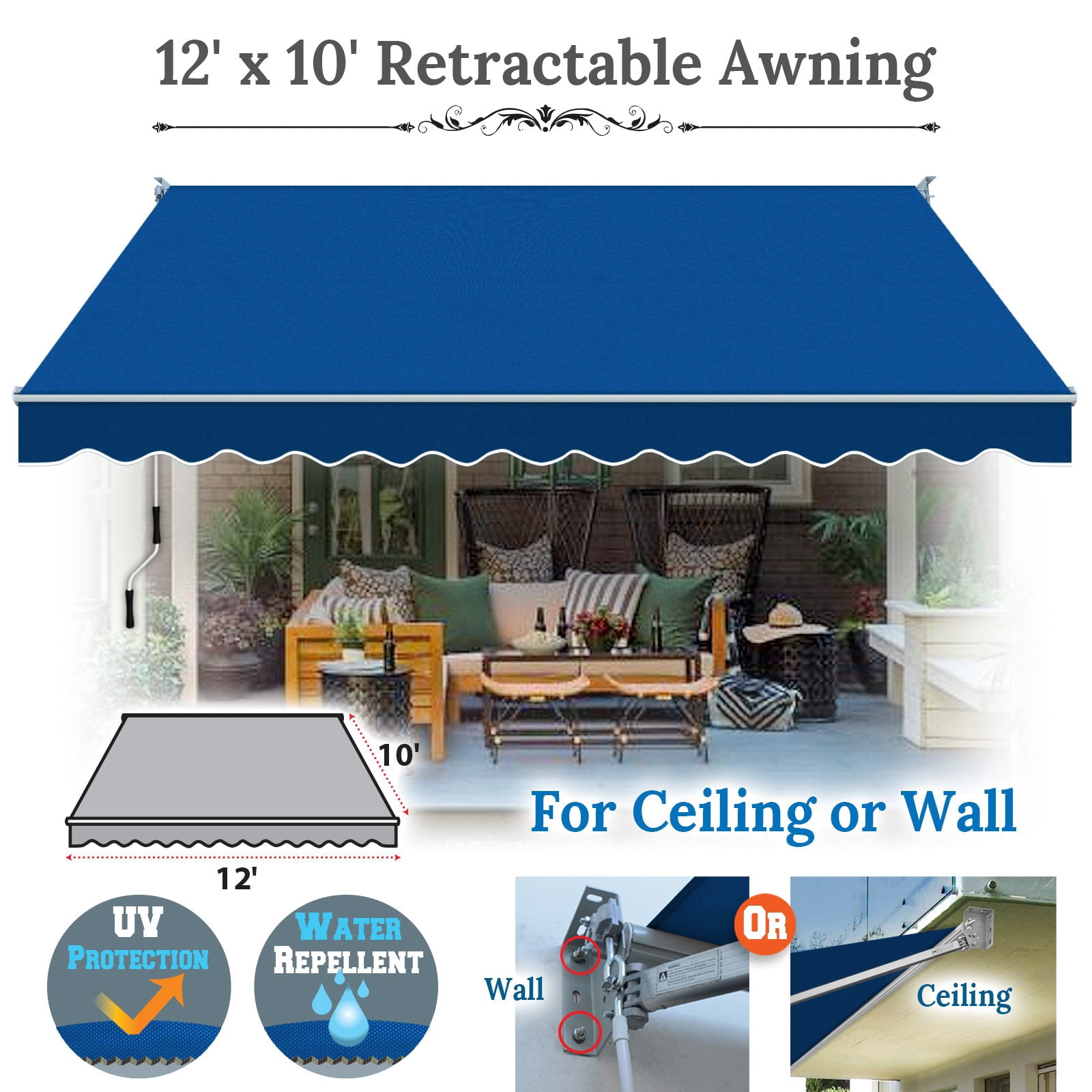 SUNNYOUTDOOR 12x10 FT Patio Awning Retractable Outdoor Sun Shade Manual Patio Deck Awning Heavy Duty Awning (Blue)