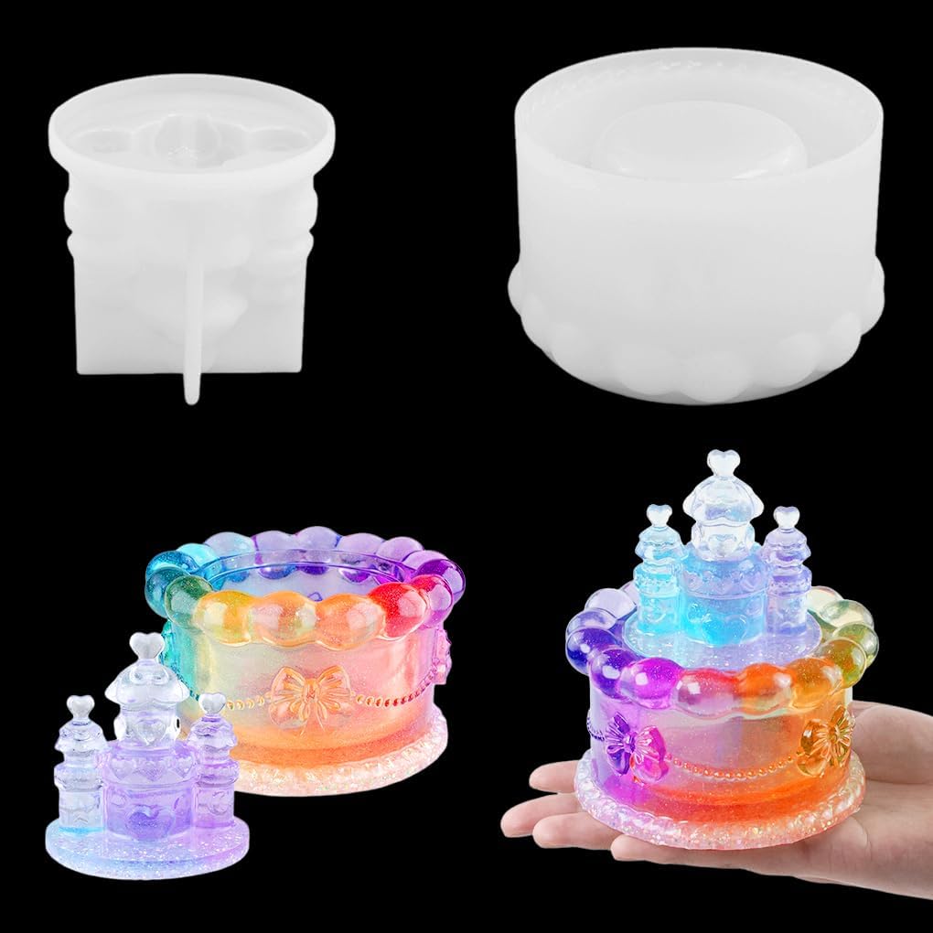 ABCISI Castle Resin Jar Mold with Lid, 3D Silicone Trinket Storage Box Molds for Resin Epoxy, Cake Love Castle Shape for DIY Jewelry Holder Candle Holder Candy Container, Lovely Home Decor
