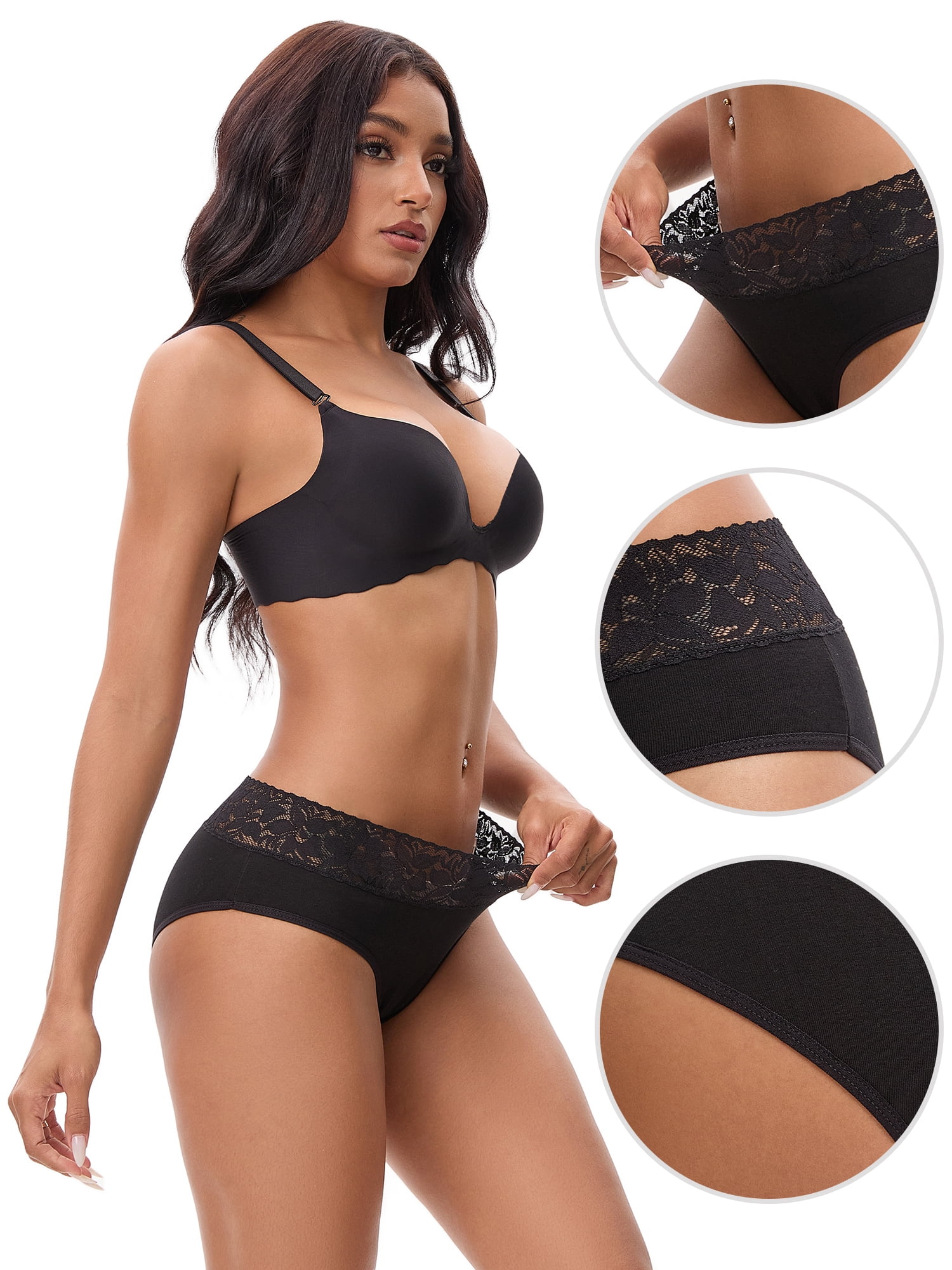 Unique Bargains Lace Mid Rise Briefs Underwear XL Black
