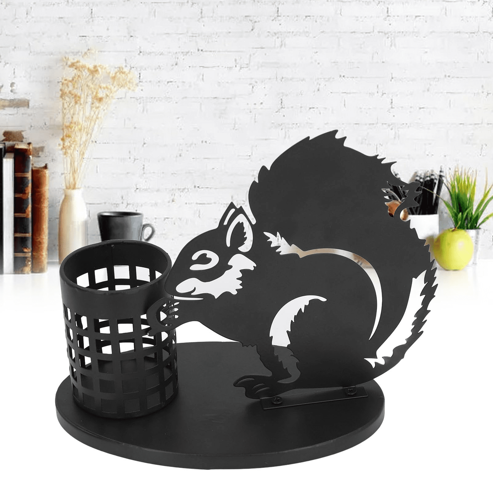 Modern Black Metal Desk Accessories Squirrel Stationery Organizer and Vase for Pencils Markers and Brushes Unique Aesthetic Tabletop Storage with Easy Assembly