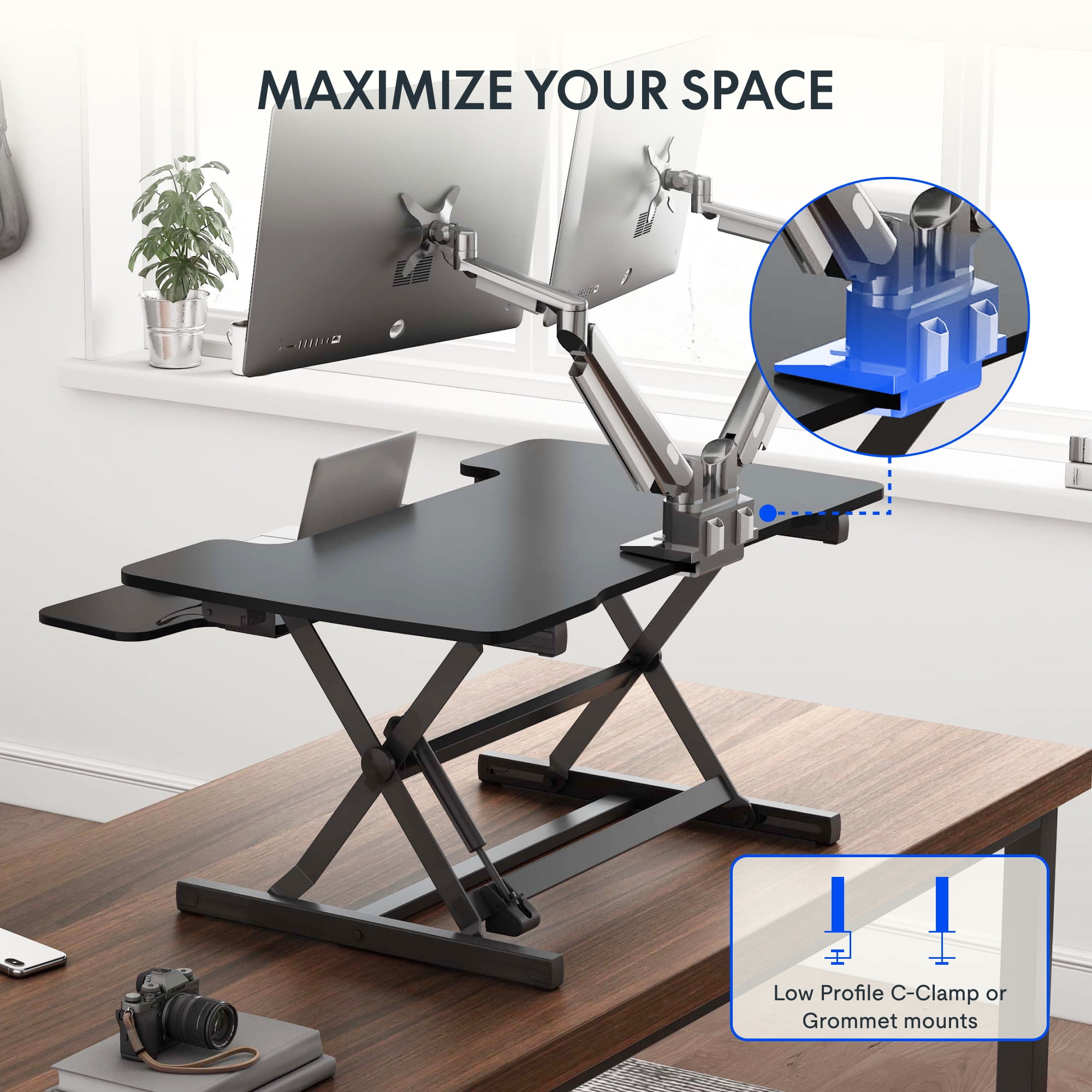FLEXISPOT 42" Height Adjustable Stand Up Desk Converter - Smooth & Effortless Lift, Compatible with Dual Monitor Mount, Removable Keyboard Tray - Sit to Stand Riser, Black