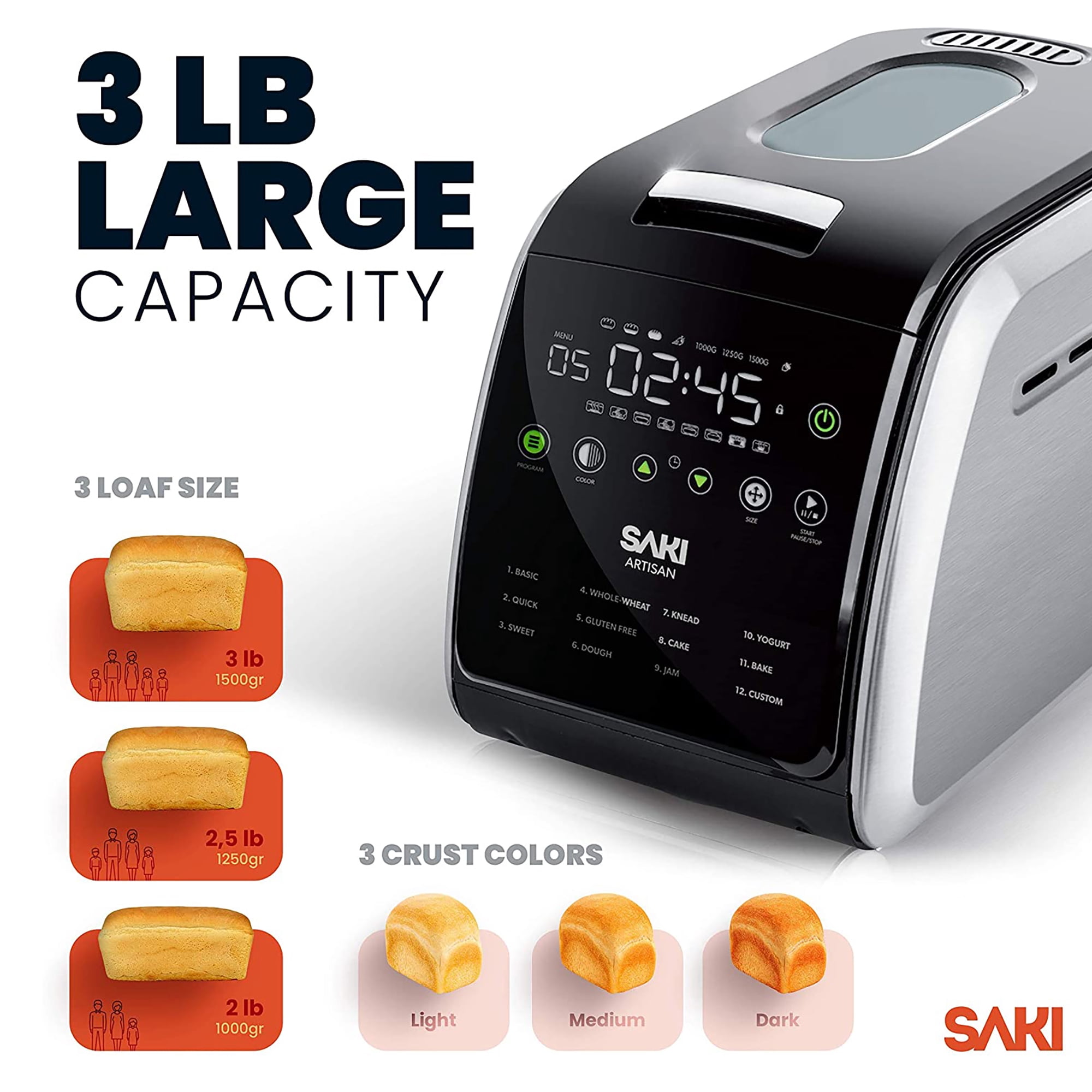 SAKI 3.3 LB Large Bread Maker Machine, 12-in-1 Programmable XL Bread Maker, with Nonstick Ceramic Pan & Large Digital Touch Panel, 3 Loaf Sizes with 3 Crust Colors, Keep Warm Mode