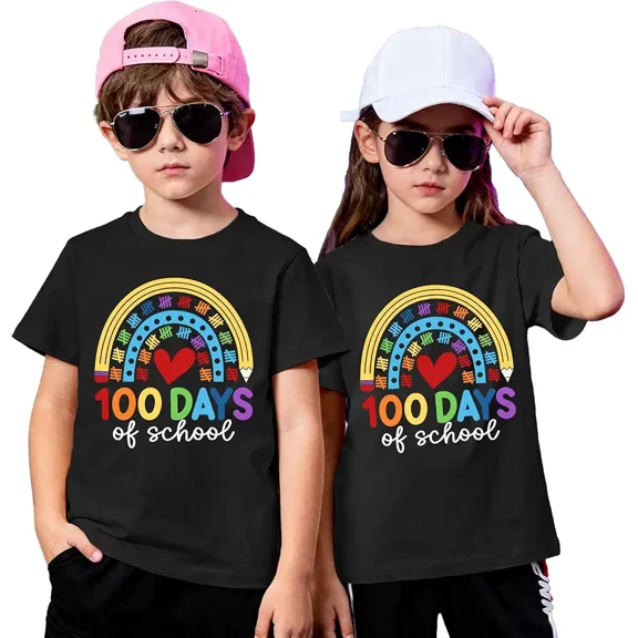 Qskall Kids 100 Days of School Shirt 100th Day of School T-Shirts for Students Boys and Girls Rainbow Pencil Tee Top