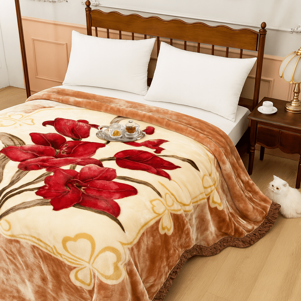 DBOZE Heavyweight Korean Mink Blanket, Ultra Soft 2-Ply Reversible Plush Fleece Bed Blanket, Warm Raschel Winter Blanket for King Size Bed, Orange Floral