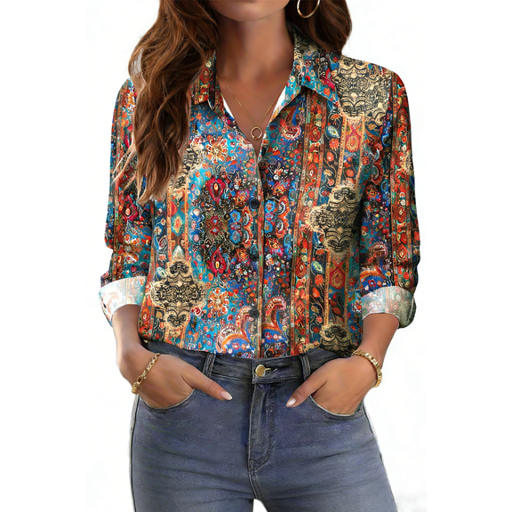 Fantaslook Womens Button Down Shirts Boho Floral Printed Long Sleeve Blouses Business Work Shirt Dressy Casual Loose Tops