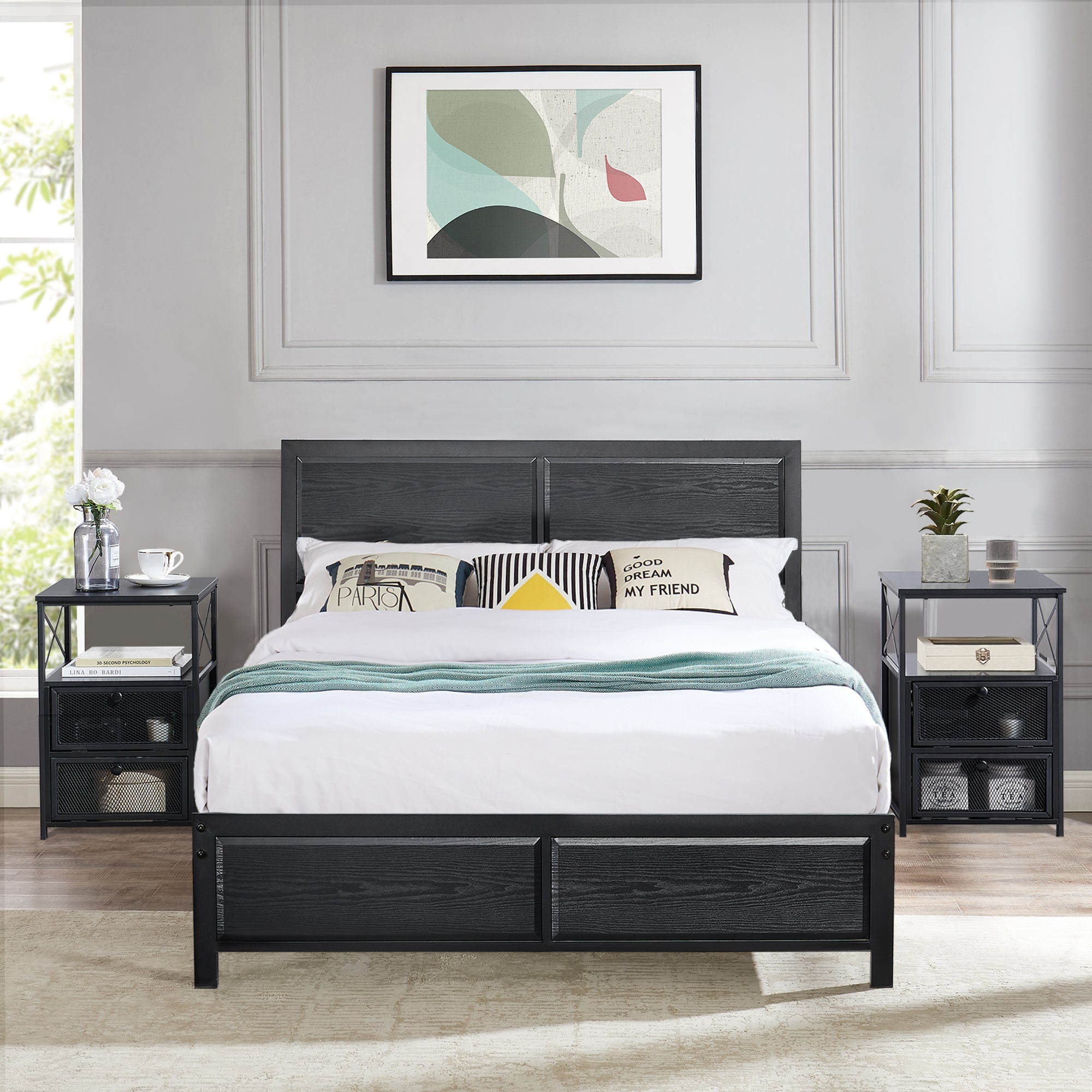 VECELO 3Piece Bedroom Set Includes Queen Platform Bed Frame and