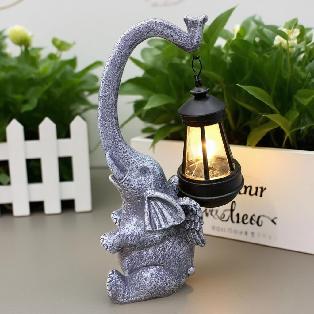 Elephant Solar light Garden Statue, Handmade Resin Lucky Elephant Sculpture Outdoor Lantern ,Figurine Decor for Patio, Yard & Indoor ,