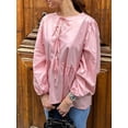 thumbnail image 4 of Musuos Women’s Casual Tie Front Tops Long Sleeve Round Neck Loose Fit Babydoll Shirts Spring Fall Blouses, 4 of 7