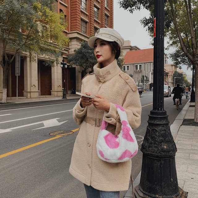 Bolso Con Asa Superior Bolso de mano con patrón de corazón de piel de felpa para mujer Bolso con asa superior informal con cremallera (rosa)