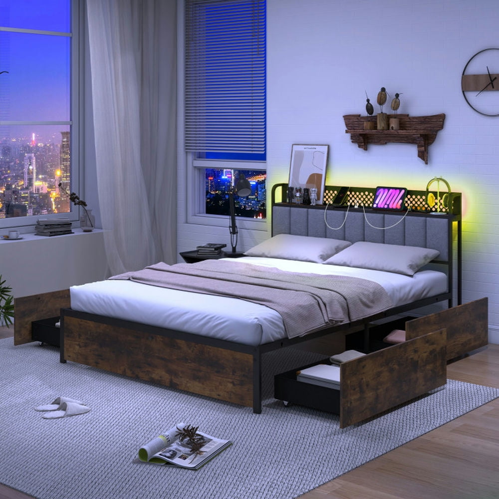 Yardi Yard Twin/Full/Queen Bed Frame with LED Lights Upholstered Headboard and 4 Storage Drawers-Full Size, Bed Frame