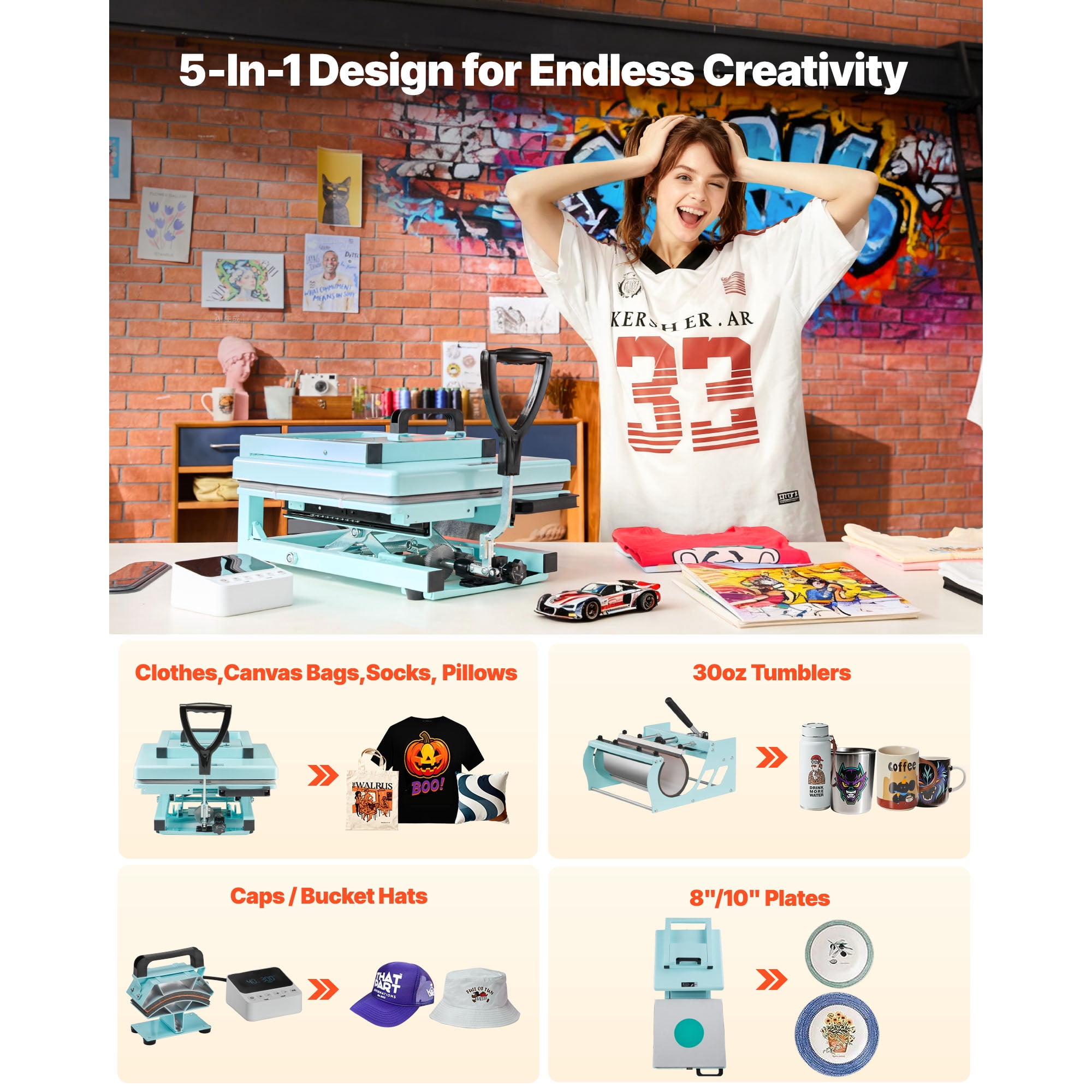 KFFKFF 15 x 15 Inch Heat Press Machine, 5-in-1 Multifunctional Design, Quick and Even Heating, Innovative Patented Structure, User-Friendly Operation, Sublimation Press, Light Green