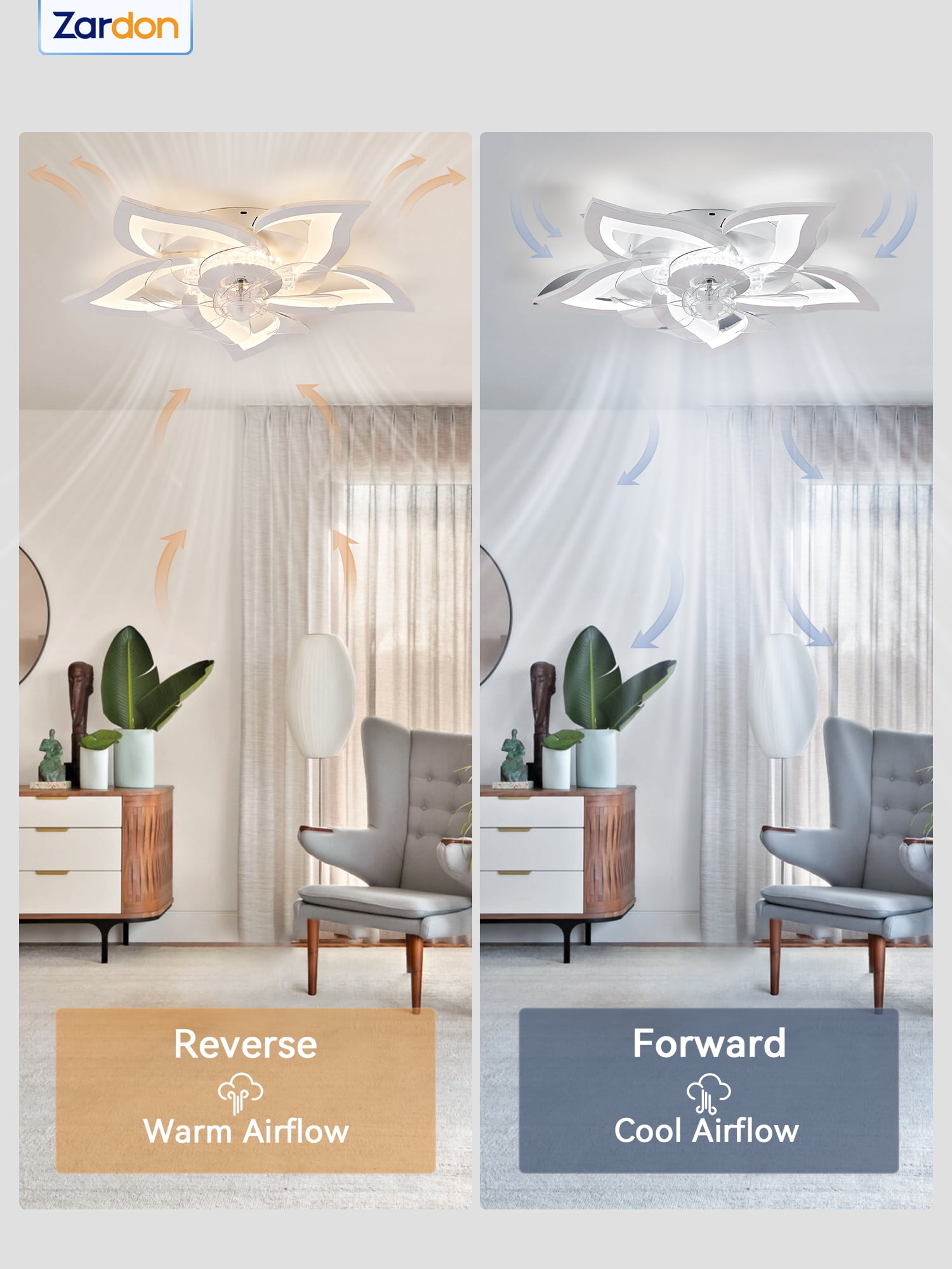 Zardon 27" Flower Ceiling Fan with LED Lights and Remote Control, Flush Mount Ceiling Fan for Indoor Bedroom Living Room, Low Profile - White