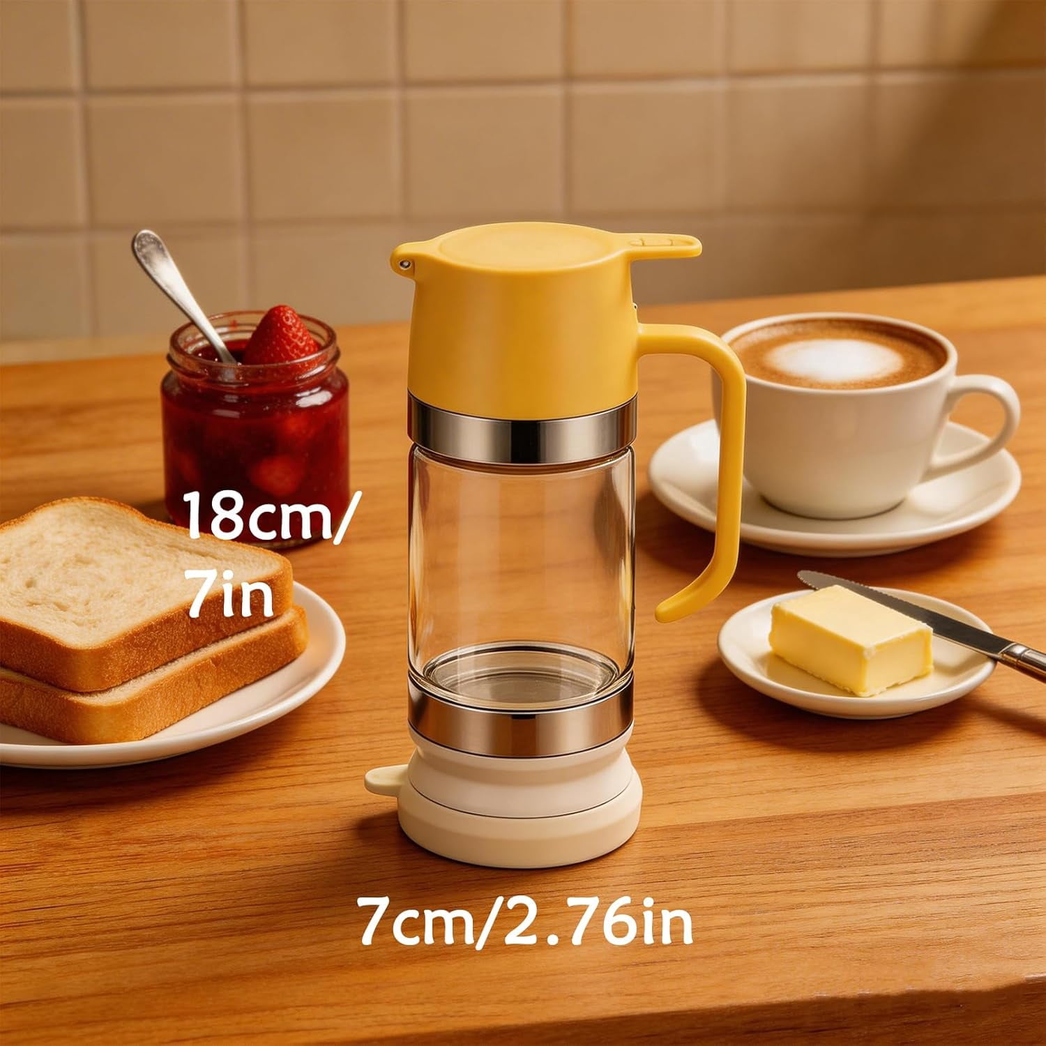 Glass Honey Dispenser, Honey Dispenser No-Drip, Pneumatic Squeeze Bottle with Handle & Silicone Base, Bottom Outlet Removable Easy Cleaning for Honeys, Syrup (Black-Upgrade)