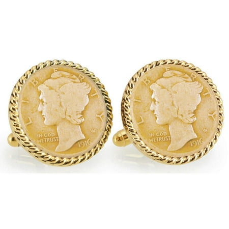 Gold-Layered Silver Mercury Dime Rope Bezel Cufflinks