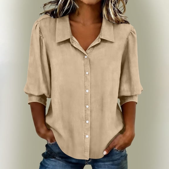 Asgosdo Women Tops Shirts 3/4 Puff Sleeve Collared Neck Khaki Solid Button Front Loose Casual Blouses Summer Womens Tops