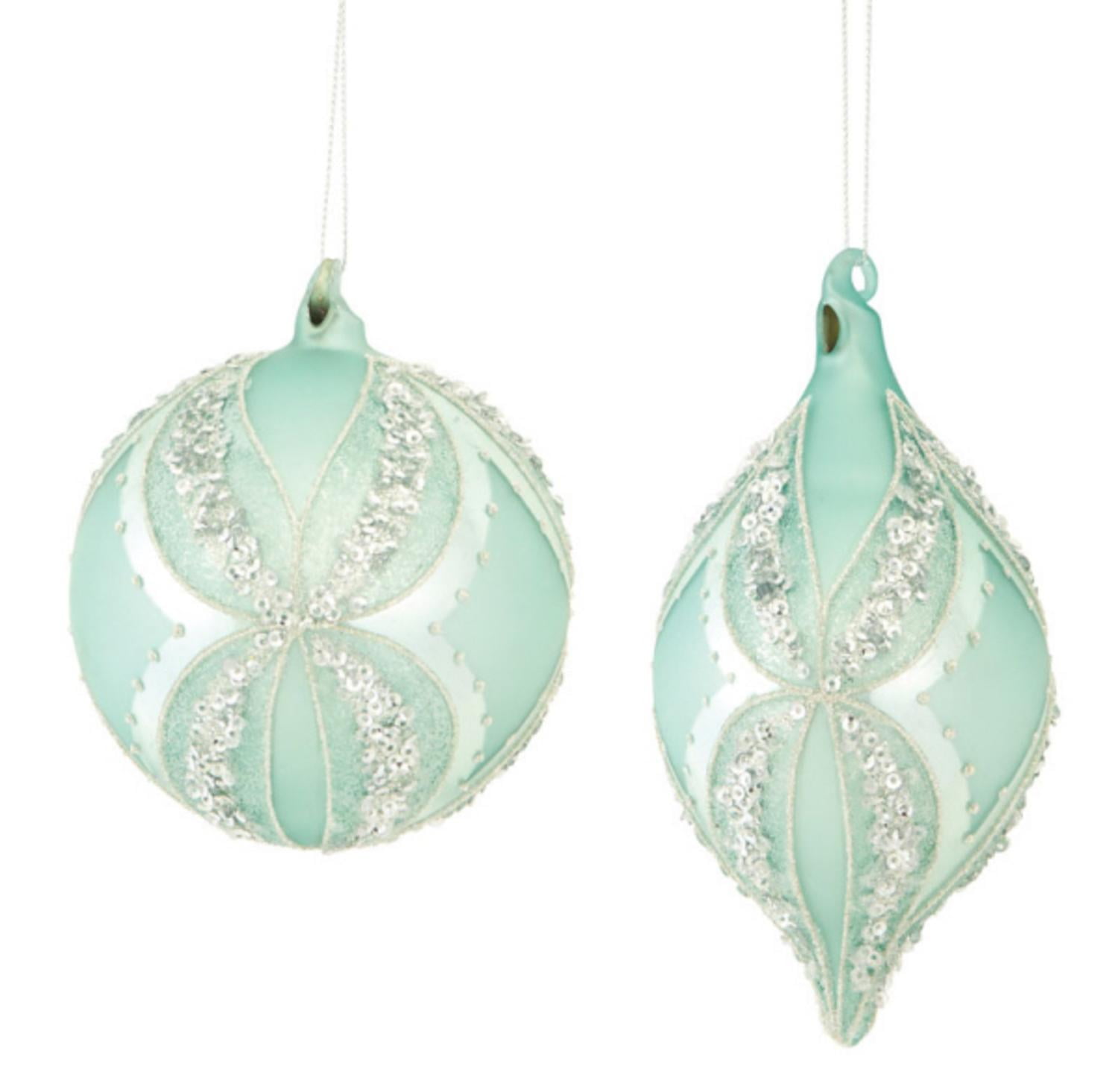 Set of 6 Beaded Mint Green and Silver Hanging Christmas ...
