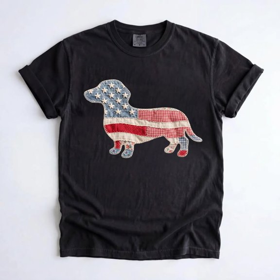 Faux Patchwork Doxie Shirt, American Flag Wiener Dog Tee, 4th of July Dog Lover Gift, Dachshund Mom