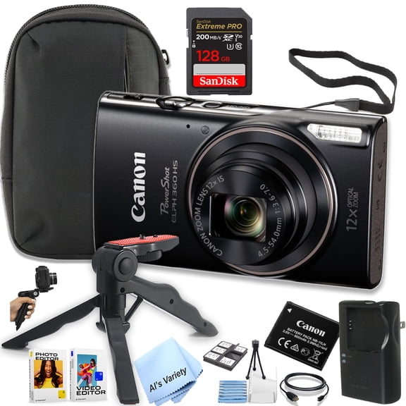 Canon PowerShot ELPH 360 HS Digital Camera 128Gb Extreme PRO Memory Case, Grip, Software Pack (Essential Bundle) (International Version)